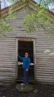 Sandra Ballard  strikes the same pose that Harriette Arnow did back when she was a teacher here in about 1940. Photo by Pat Arnow