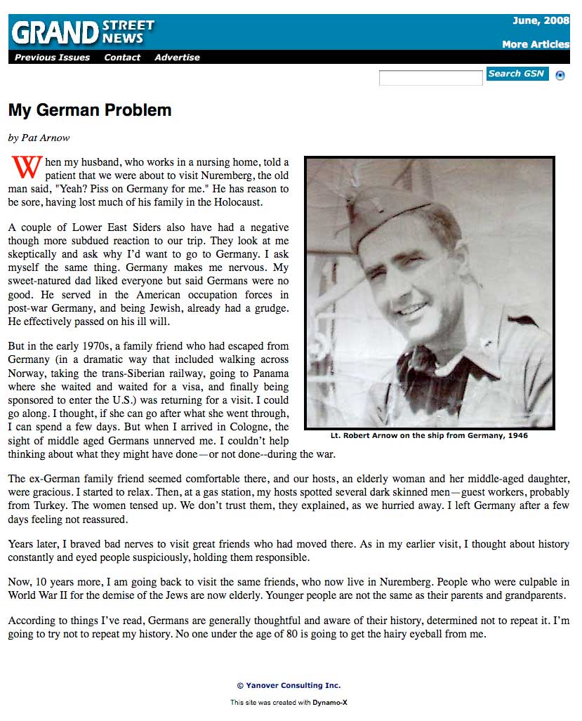 My German Problem, by Pat Arnow, article about visiting Germany and overcoming hard feelings. 