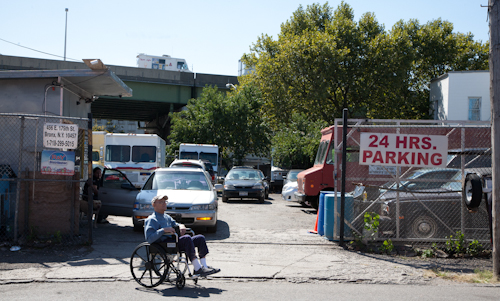 This is the spot that was once the tenement building where Irv grew up, 456 175th Street. The Cross-Bronx Expressway, visible above, was built starting in 1948, long after Irv left. Photo by Pat Arnow 