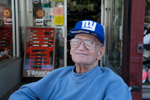 Irving Fishman in a N.Y. Giants cap, visiting the Bronx. Photo by Pat Arnow. 