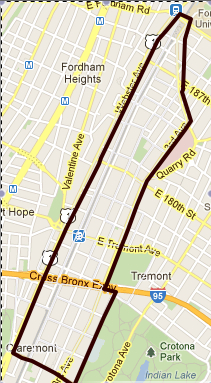 A map of Bathgate neighborhood of The Bronx. The boundaries come from a website, City-Data. The neighborhood is also known as East Tremont, according to the New York City Department of Planning. 