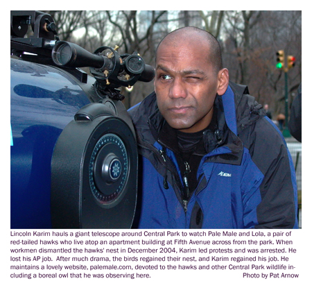 Lincoln Karim and his giant telescope he uses to study Pale Male, the Fifth Avenue hawk. Photo by Pat Arnow