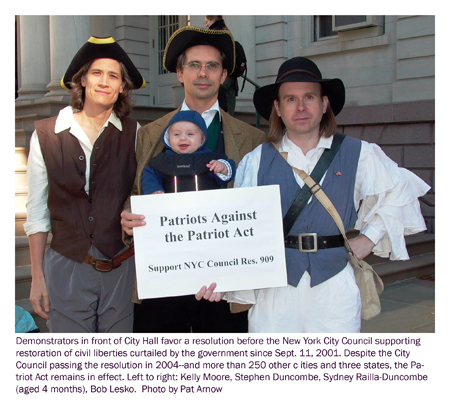 Patriots Against the Patriot Act, costumed protesters in front of City Hall, New York City. Photo by Pat Arnow