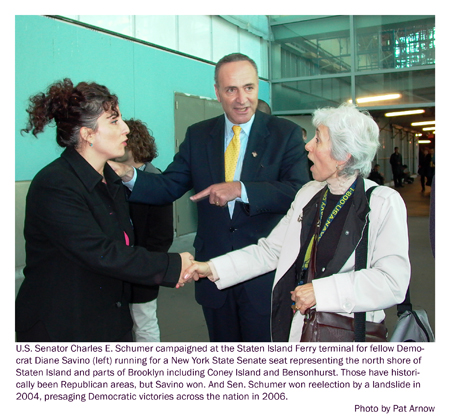 Senator Chuck Schumer campaigns for state senate candidate Diane Savino, 2004. Both won. Photo by Pat Arnow